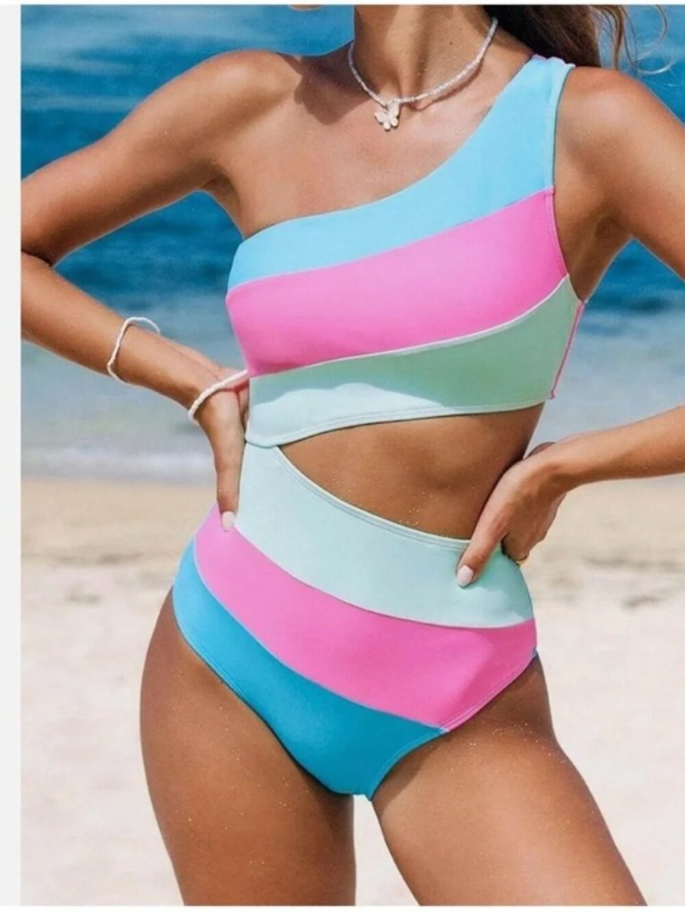Cupshe Women's Medium M NWT Color Block One Shoulder Cutout One-piece Swimsuit